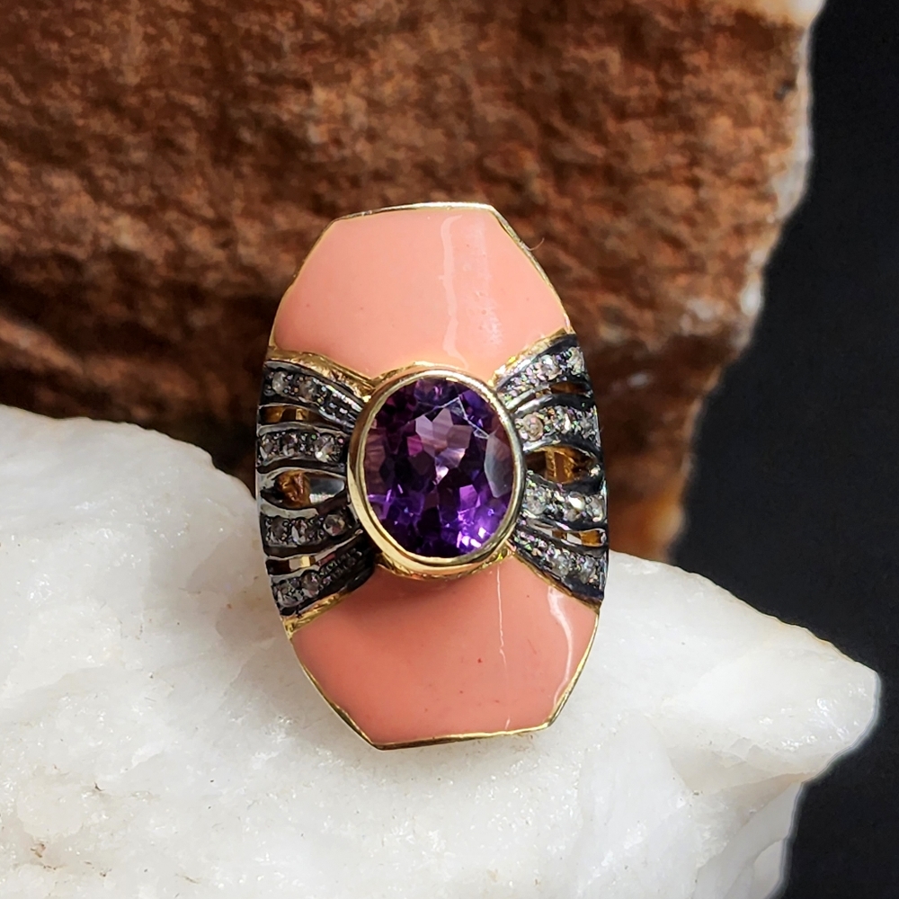 Sterling Silver 925/18k Gold Massive Ring Diamond Amethyst Gemstones
